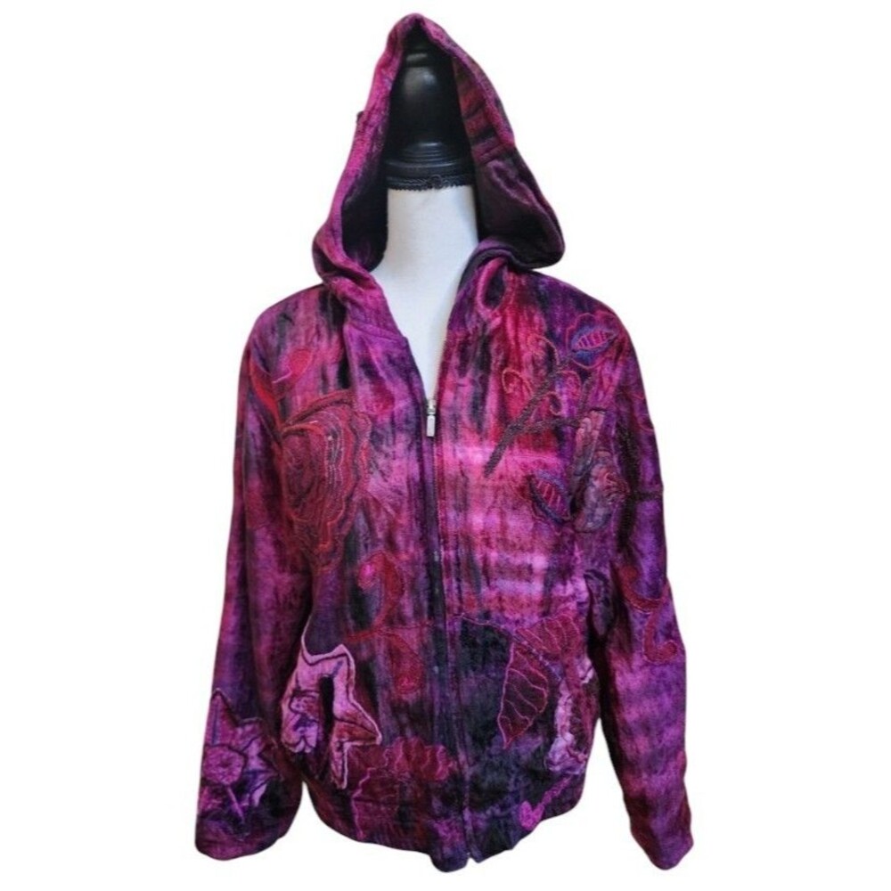 Chico's Boho Embroidered Jacket Size Medium Full Zip Fuchsia